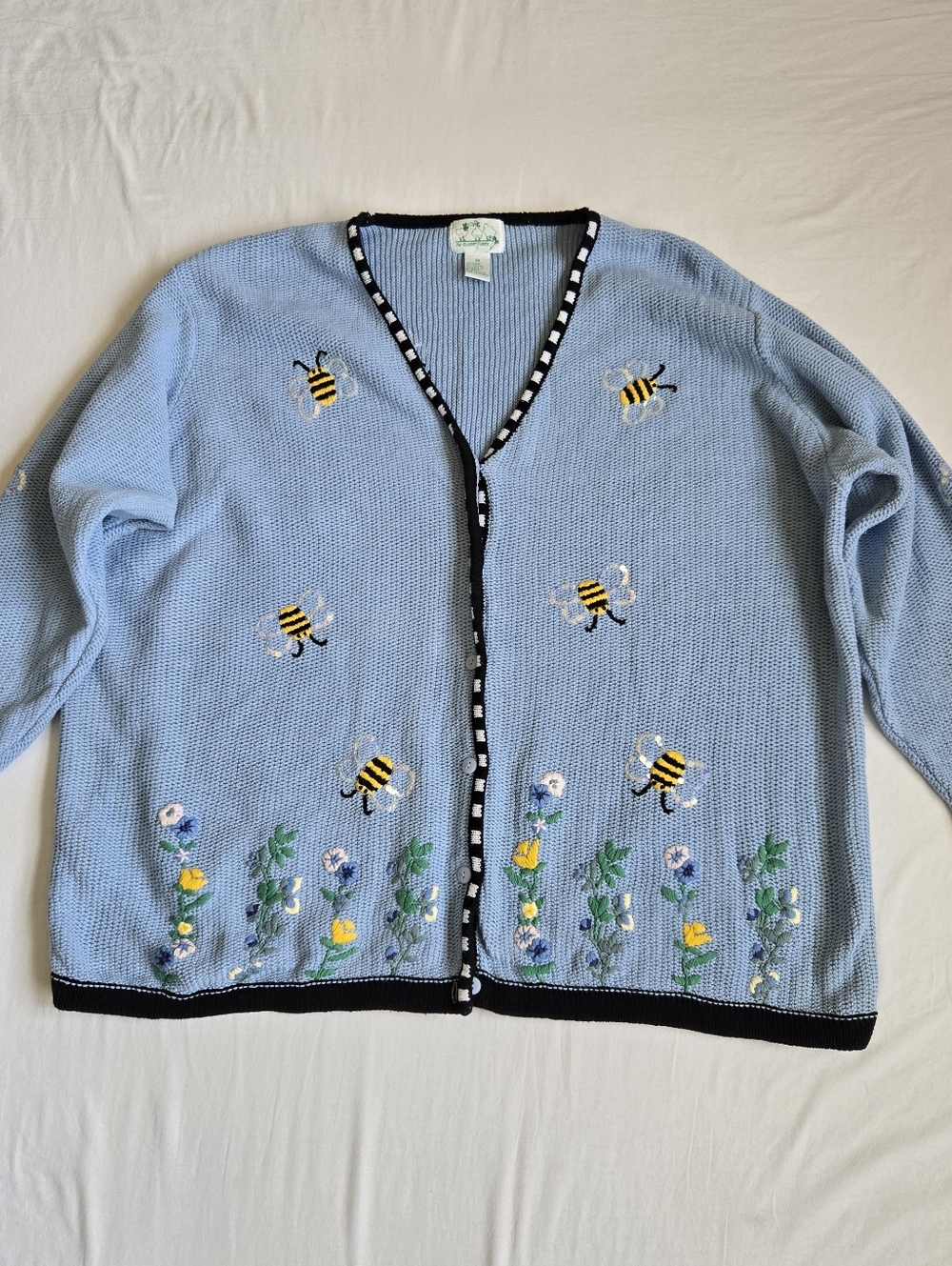Quacker Factory Bee Flower Themed Cardigan Blue Ramie Cotton Cute Novelty Fun 3X